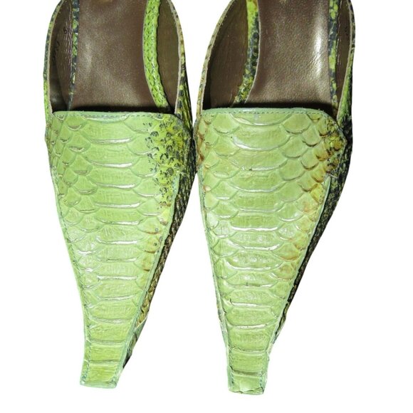 F Mode Verdon Green Viper Anis Snakeskin Italian Leather Square Toe Kitten Mules - Picture 3 of 14